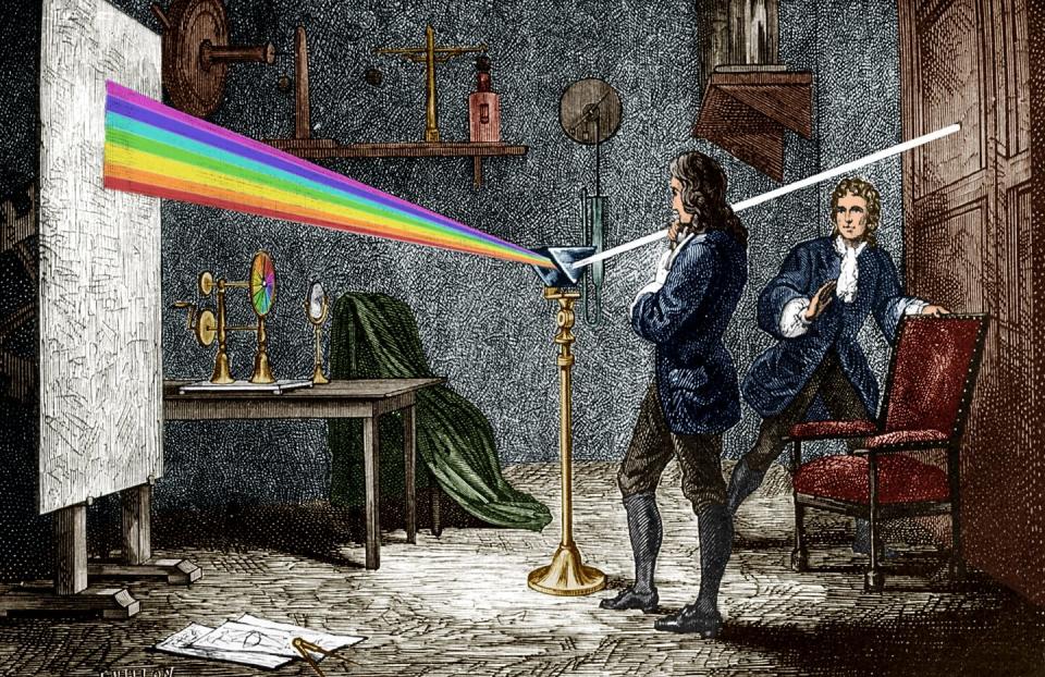 isaac newton 1642 1727 english mathematician, physicist and astronomer, author of the theory of terrestrial universal attraction, here dispersing light with a glass prism, engraving colorized document