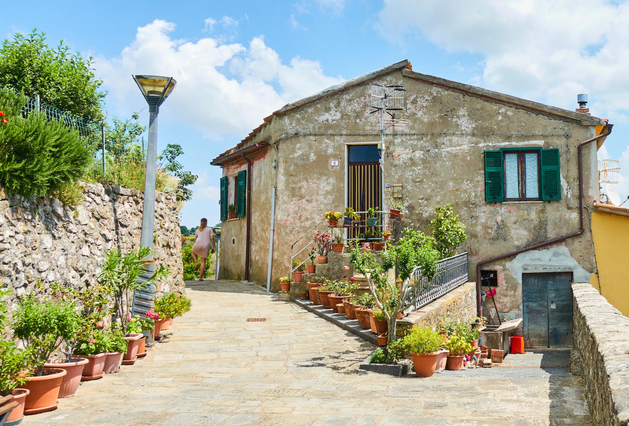 SANTO STEFANO DI SESSANIO, ITALY - JUNE 16: An old house and a cobbled street in the medieval town on June 16, 2019 in Santo Stefano di Sessanio, Italy. (Photo by EyesWideOpen/Getty Images)
