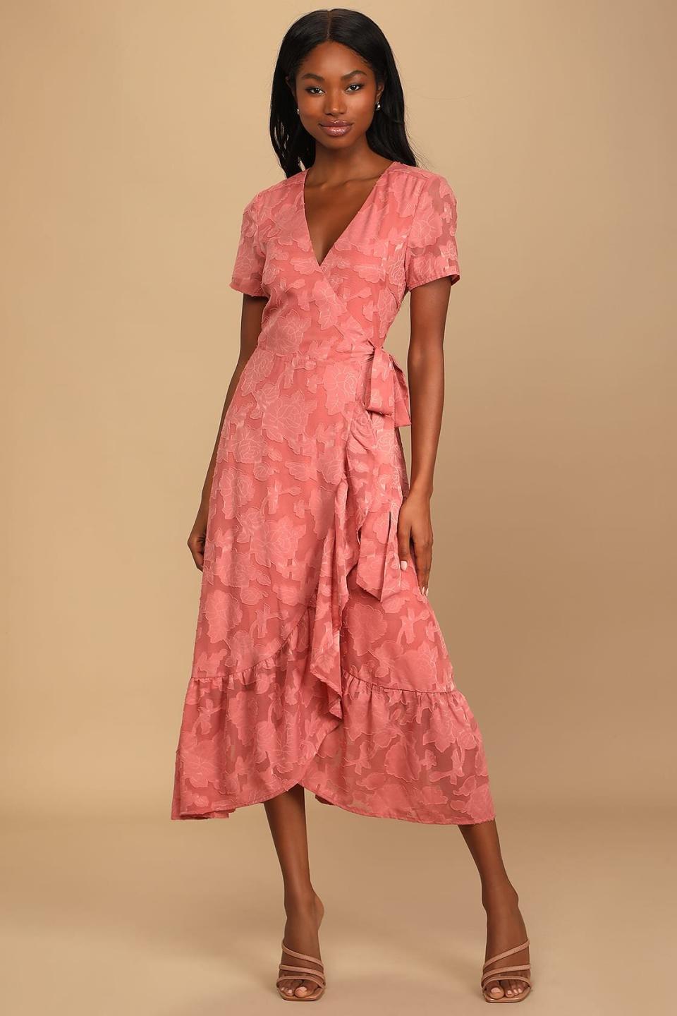 Lulus Blissfully Rusty Rose Jacquard Short Sleeve Wrap Midi Dress
