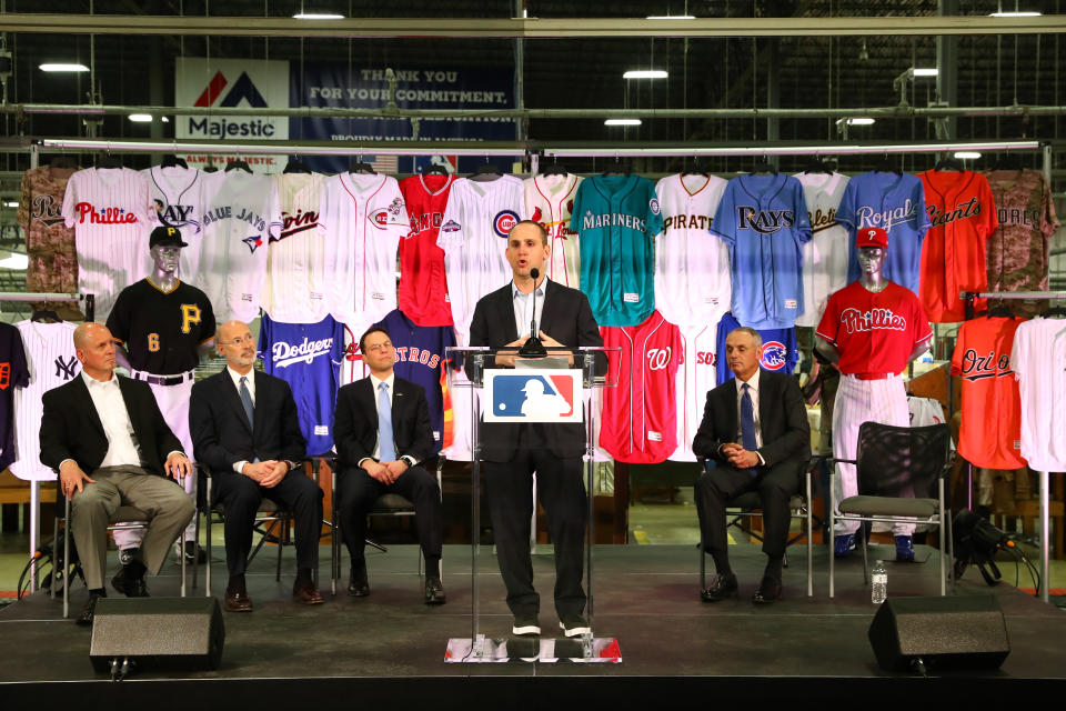 EASTON, PA - APRIL 4: Michael Rubin, Owner and Executive Chairman of Fanatics, speaks during a joint announcement between Fanatics and VF Licensed Sports Group at the Majestic Factory on Tuesday April 4, 2017 in Easton, Pennsylvania. (Photo by Alex Trautwig/MLB via Getty Images) 