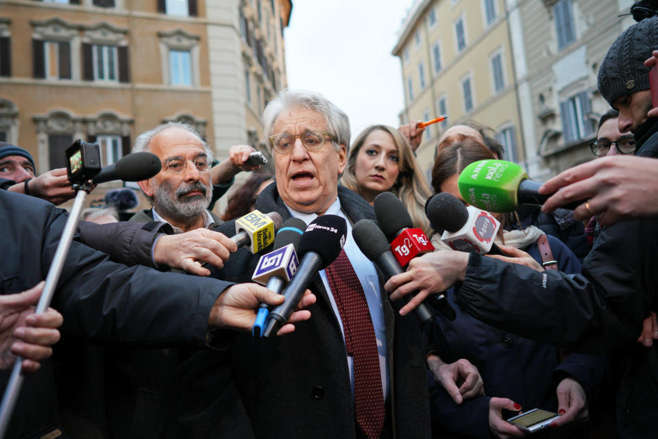 Senator Luigi Manconi is interviewed during a demonstration in support of German humanitarian group Sea-Watch, in front of the Italian lower chamber’s Montecitorio palace, in Rome, Monday, Jan. 28, 2019. A Sea-Watch rescue ship that picked up 47 migrants off the Libyan coasts on Jan. 19, was allowed to shelter in the Italian territorial waters due to threatening weather last Thursday, but the government refuses to let aid groups disembark the migrants in Italian ports. (AP Photo/Andrew Medichini)