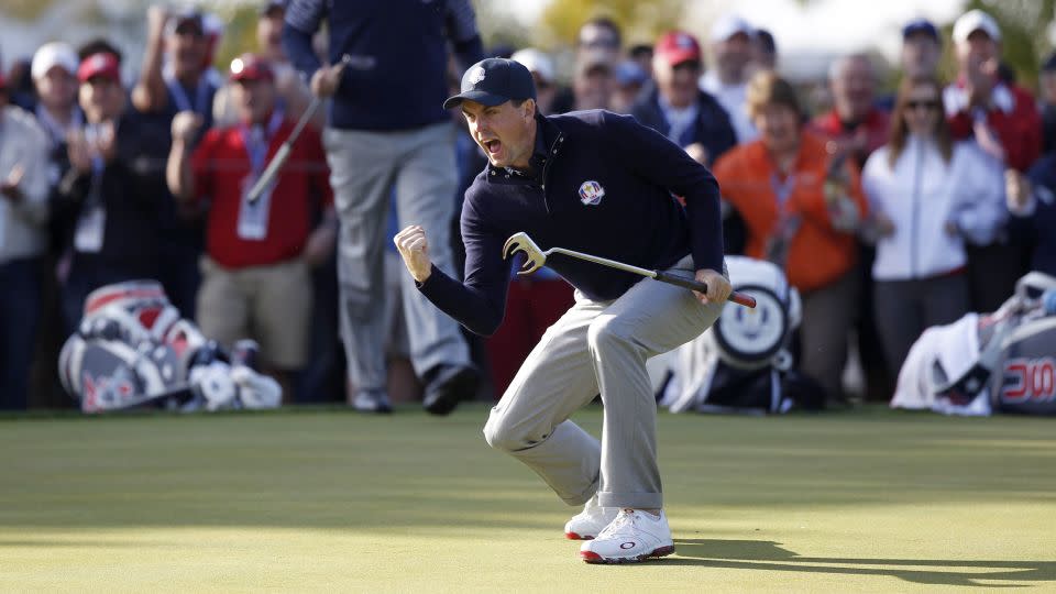 Bradley celebrates a key putt during the 2012 Ryder Cup. - Jeff Haynes/Reuters