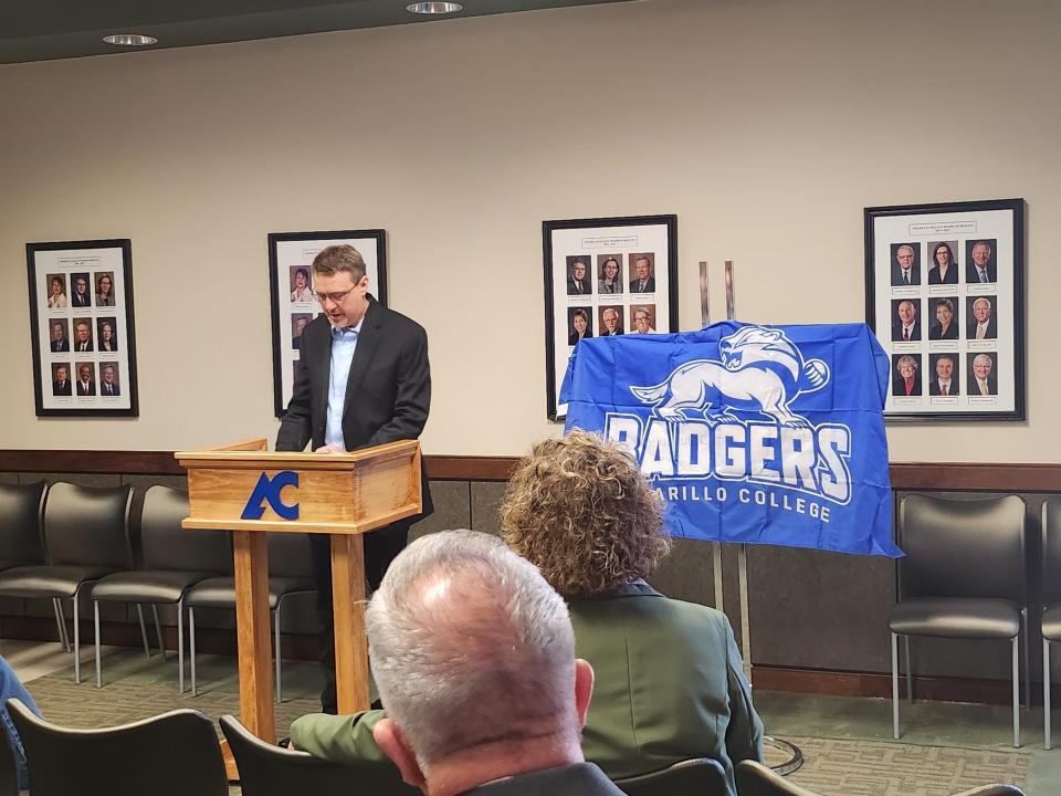 Texas Mutual senior safety services consultant Paxton LeMond presents Amarillo College (AC) with a $100,000 grant to offer free safety and preventative courses to the community. The Thursday morning check presentation was held in the Palo Duro Room of AC's Washington Street campus.