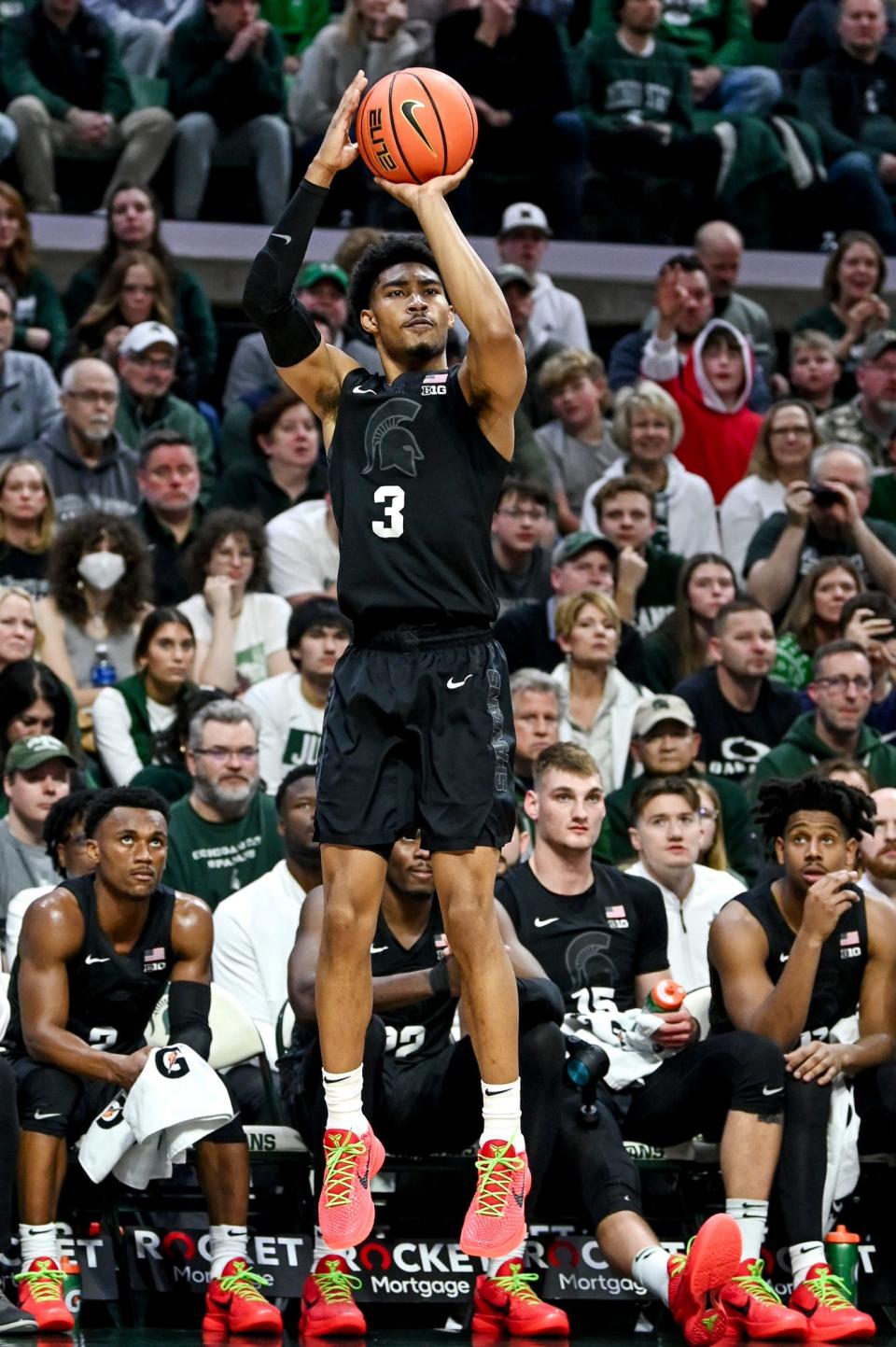 Michigan State's Jaden Akins makes a 3-pointer against Stony Brook during the second half on Thursday, Dec. 21, 2023, at the Breslin Center in East Lansing.