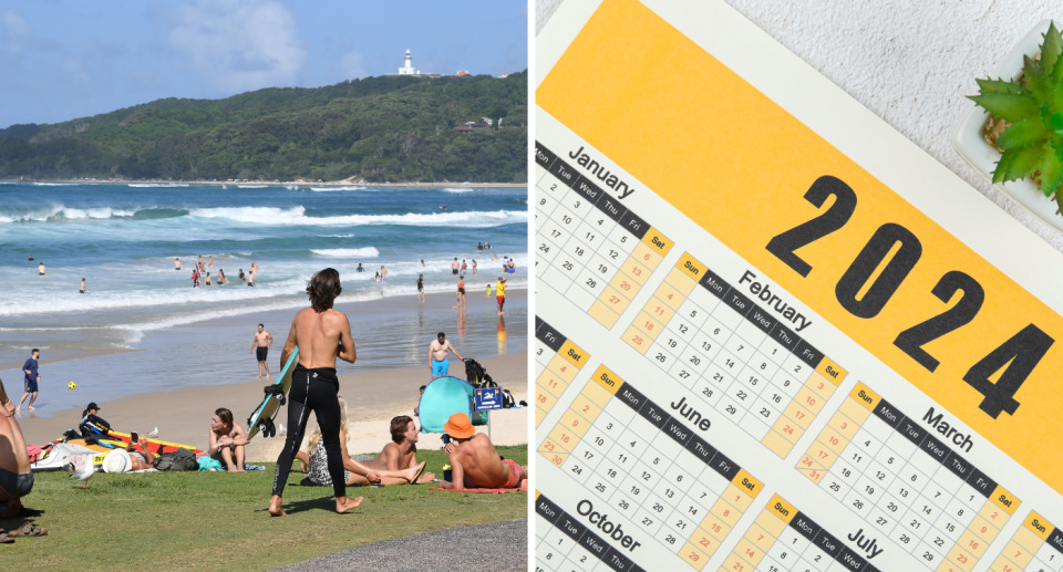 A composite image of people relaxing at the beach and a 2024 calendar to represent annual leave.