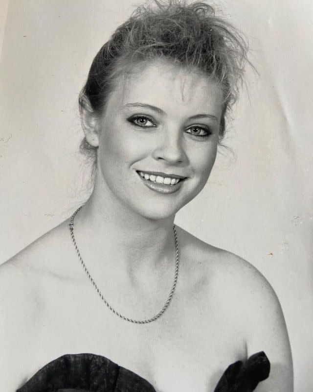 A black and white headshot of Australian actor Rebecca Gibney taken in the 1980s