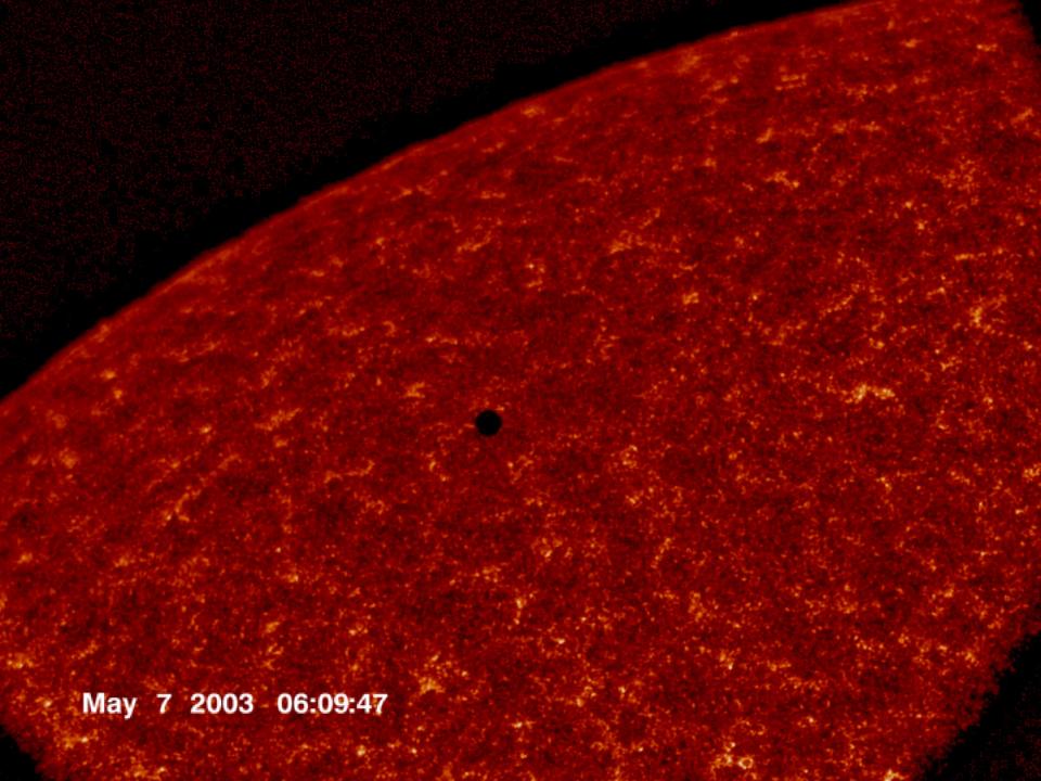 The planet Mercury transiting in front of the sun in 2003, captured by a NASA satellite.