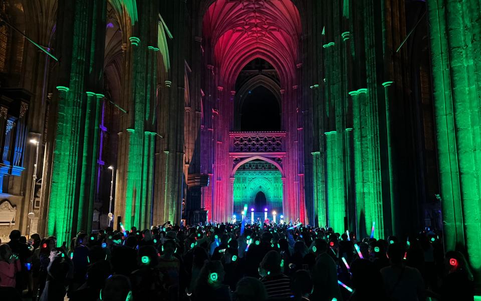 The scene at Canterbury Cathedral during a silent disco in February 2024