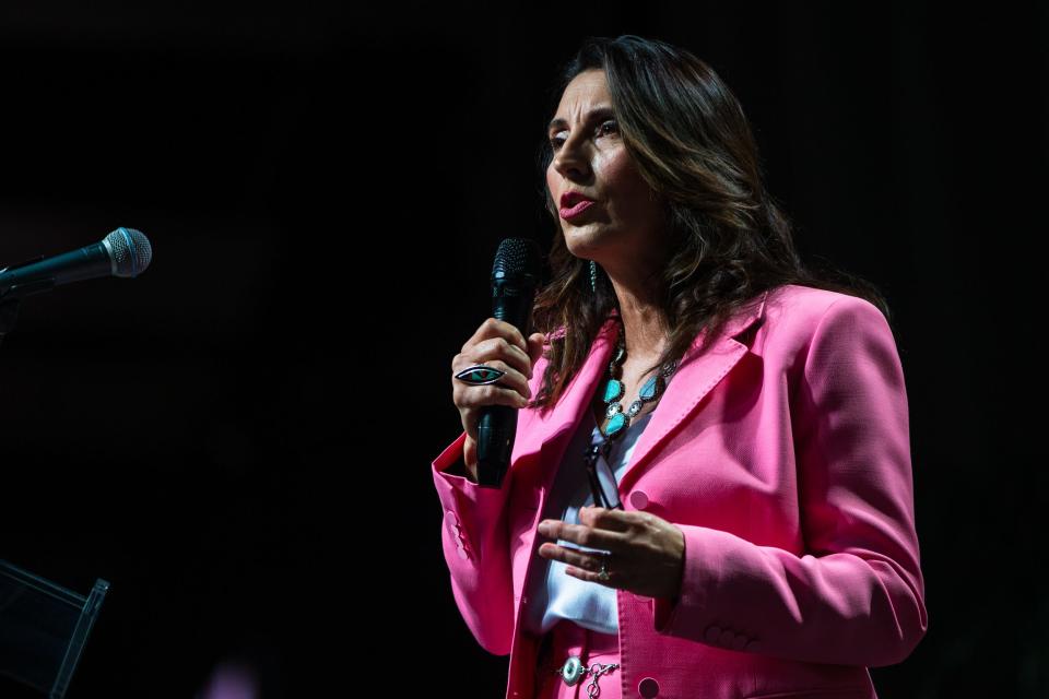 Nueces County Judge Barbara Canales delivers the State of the County address at the Richard M. Borchard Regional Fairgrounds in Robstown on Tuesday, Aug. 30, 2022.