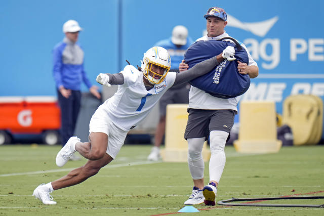 Los Angeles Chargers wide receiver Quentin Johnston (1) runs a drill during the NFL football team's rookie minicamp, Friday, May 12, 2023, in Costa Mesa, Calif. (AP Photo/Jae C. Hong)