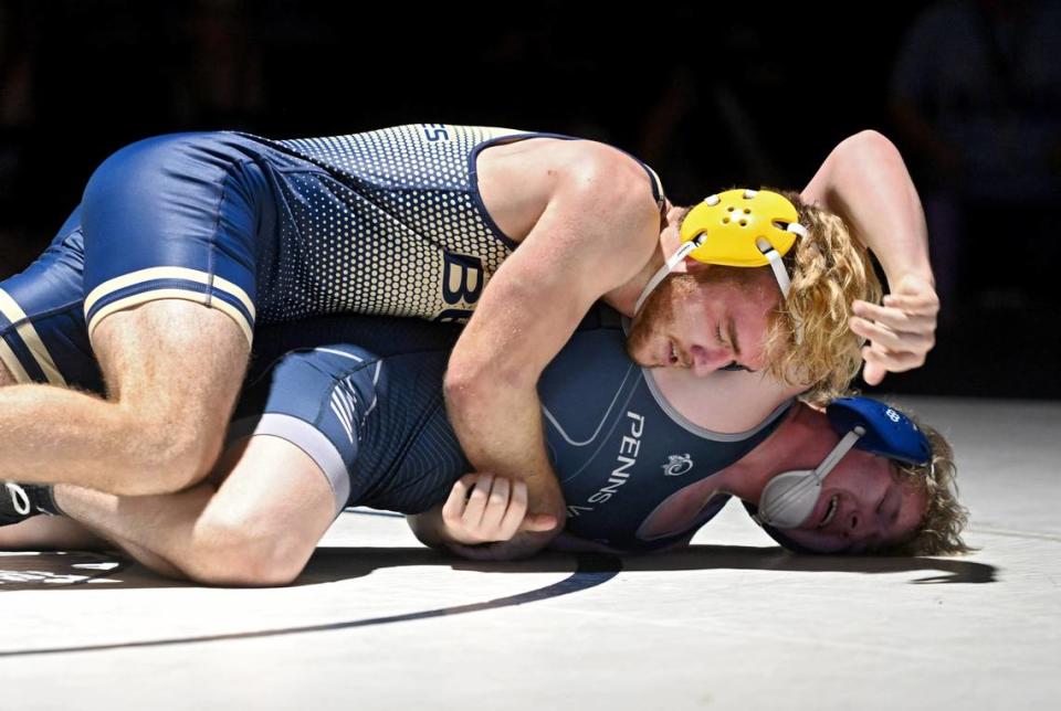 Bald Eagle Area’s Cameron Dubbs controls Penns Valley’s Robert Martin in the 172 lb bout of the match on Thursday, Jan. 24, 2024. Dubbs won by decision, 6-1.