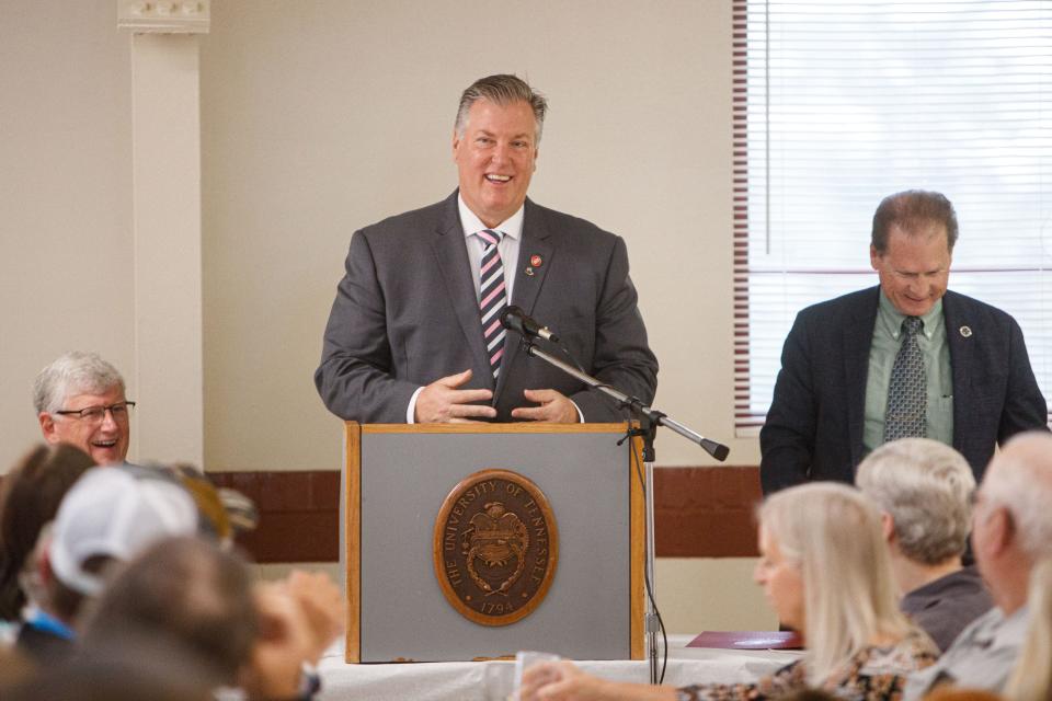 Representative Scott Cepicky and Senator Joey Hensley give the state of Tennessee proclamation during the annual Farm City Breakfast hosted by Maury County Chamber & Economic Alliance at the Ridley 4H Center in Columbia, Tenn. on Apr. 28, 2023.