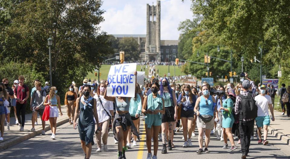<span class="caption">Western University students march during a walkout in support of sexual assault survivors, in London, Ont., on Sept. 17.</span> <span class="attribution"><span class="source">THE CANADIAN PRESS/Nicole Osborne </span></span>