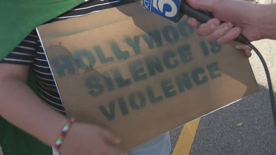 A sign from the protest in Hollywood where hundreds pro-Palestinian demonstrators called for a ceasefire before the Oscars in Hollywood on March 10, 2024. (KTLA)