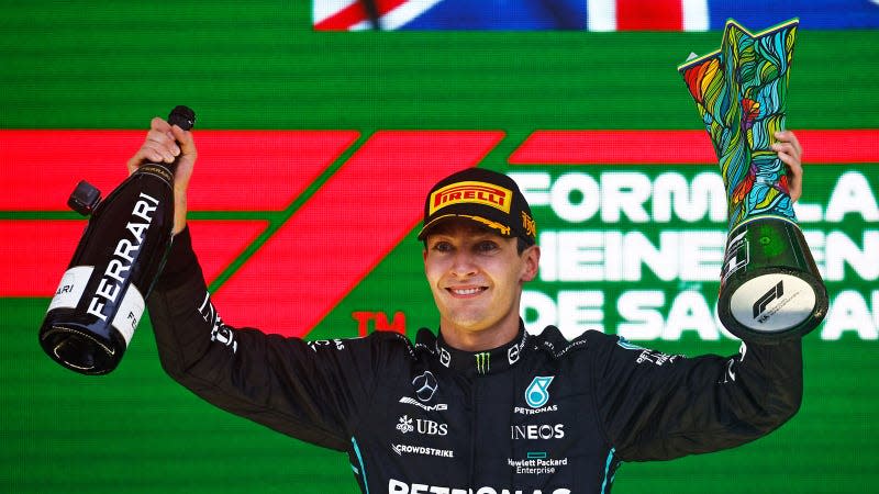 A photo of George Russell on the podium in Brazil. 