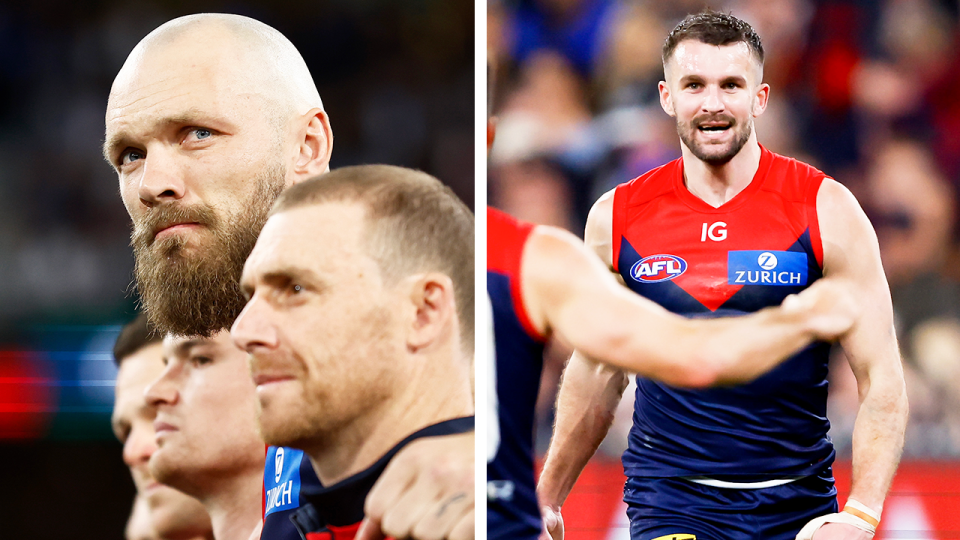 Max Gawn reacts and Joel Smith celebrates.