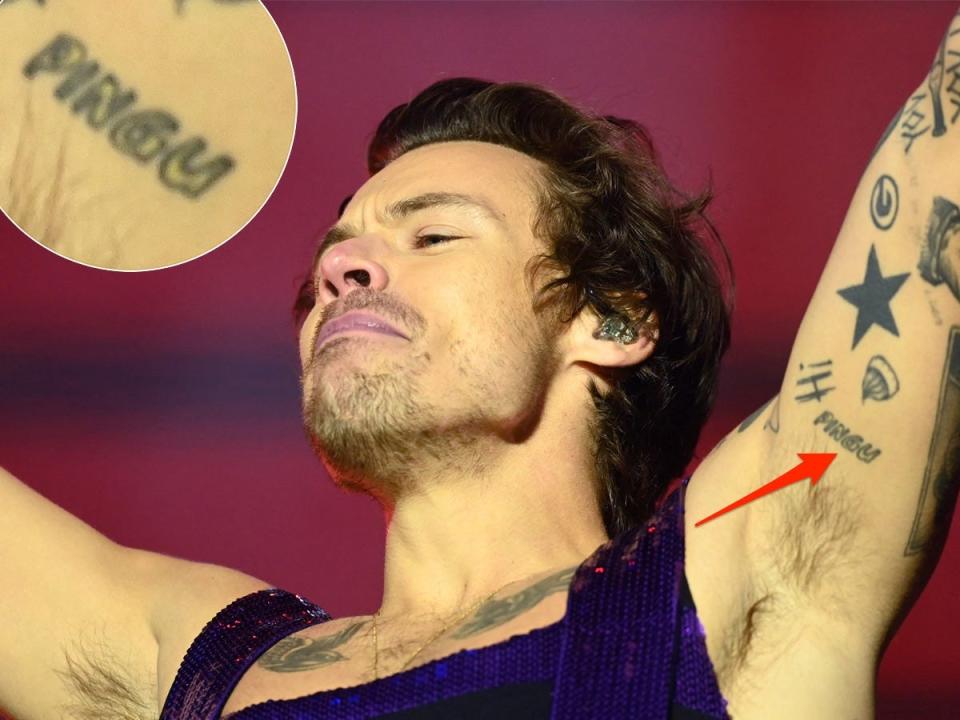 A red arrow pointing to a tattoo on Harry Styles' left arm that reads "Pingu."