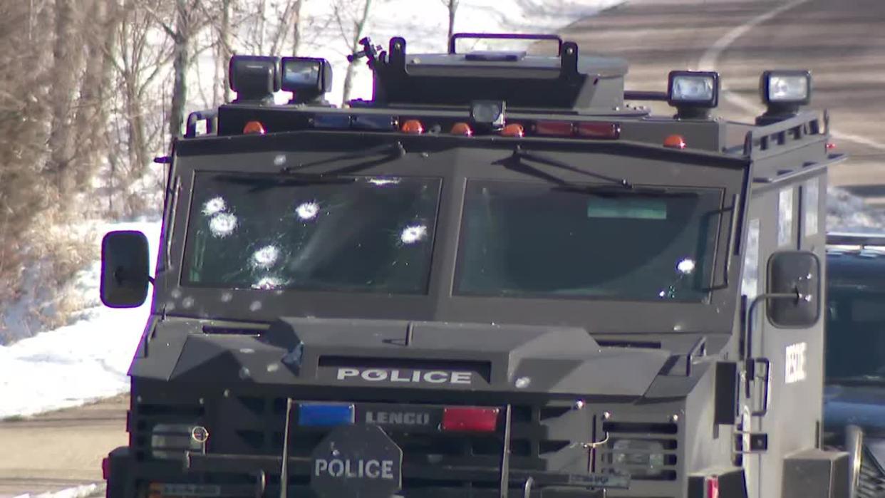 <div>Bullet holes in a vehicle after a police shooting in Burnsville on Feb. 18, 2024.</div> <strong>(FOX 9)</strong>