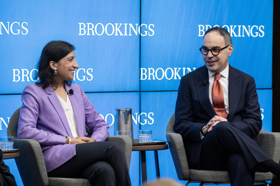 WASHINGTON, DC - OCTOBER 4: (L-R) Federal Trade Commission Chair Lina Khan and Assistant Attorney General for Antitrust Jonathan Kanter participate in a discussion on antitrust reform at the Brookings Institution on October 4, 2023 in Washington, DC.  Khan took on the role of FTC chairman in June 2021 after being appointed by US President Joe Biden and confirmed by the Senate.  (Photo by Drew Angerer/Getty Images)