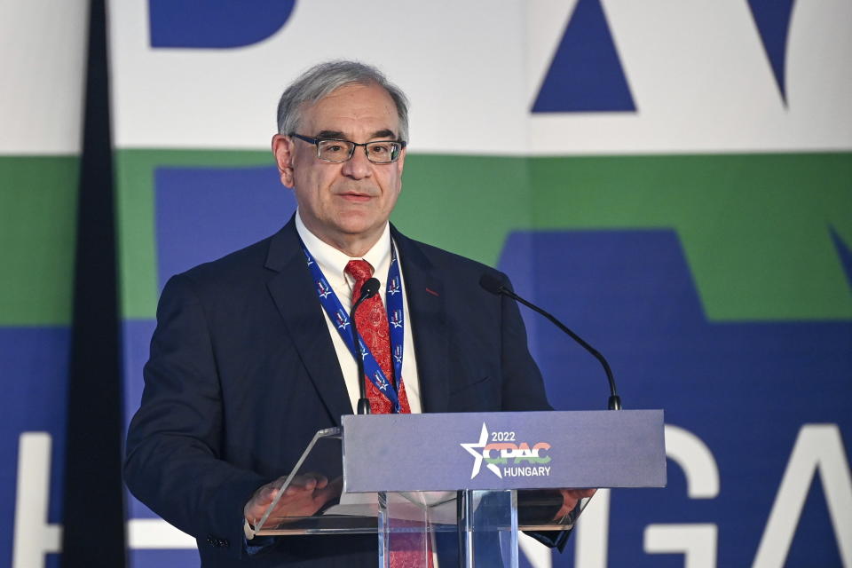 US Executive Director of the Center for Immigration Studies, Mark Krikorian, delivers a speech at the CPAC conference in Budapest, Hungary, Thursday, May 19, 2022. Dozens of prominent conservatives from Europe, the United States and elsewhere have gathered in Hungary for the American Conservative Political Action Conference, being held in Europe for the first time. The two-day event represents a deepening of ties between the American right wing and the autocratic government of Prime Minister Viktor Orban. (Tibor Illyes/MTI via AP)