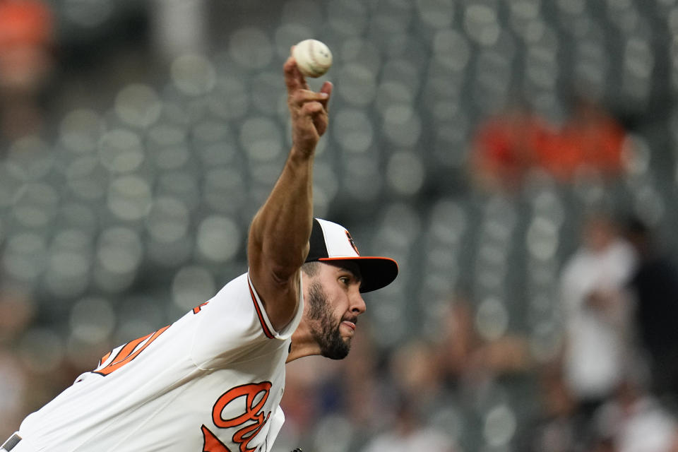 Baltimore Orioles starting pitcher Grayson Rodriguez throws to the Chicago White Sox during the first inning of a baseball game, Monday, Aug. 28, 2023, in Baltimore. (AP Photo/Julio Cortez)