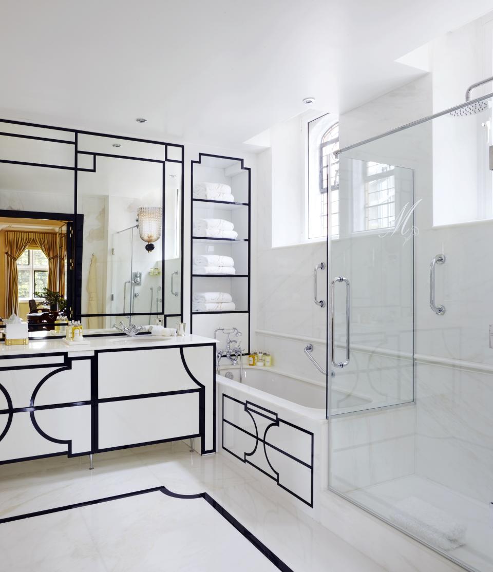 Monochrome and marble, a stunning match for the huge bathroom inside The Meghan Suite. Photo: The Milestone Hotel