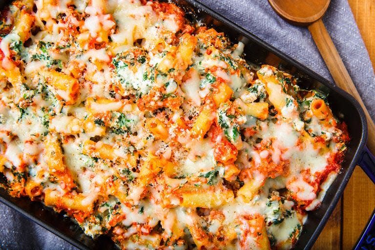 <p>Wanna pack this baked ziti with even MORE veggies? Try throwing in some chopped red peppers, sliced <a href="https://www.delish.com/uk/cooking/recipes/g28961915/courgette-recipes/" rel="nofollow noopener" target="_blank" data-ylk="slk:courgette" class="link ">courgette</a>, or swap the spinach for kale! Just because it's carb-y and cheesy doesn't mean it has to be totally unhealthy. </p><p>Get the <a href="https://www.delish.com/uk/cooking/recipes/a30465665/vegetarian-baked-ziti/" rel="nofollow noopener" target="_blank" data-ylk="slk:Vegetarian Baked Ziti" class="link ">Vegetarian Baked Ziti</a> recipe.</p>
