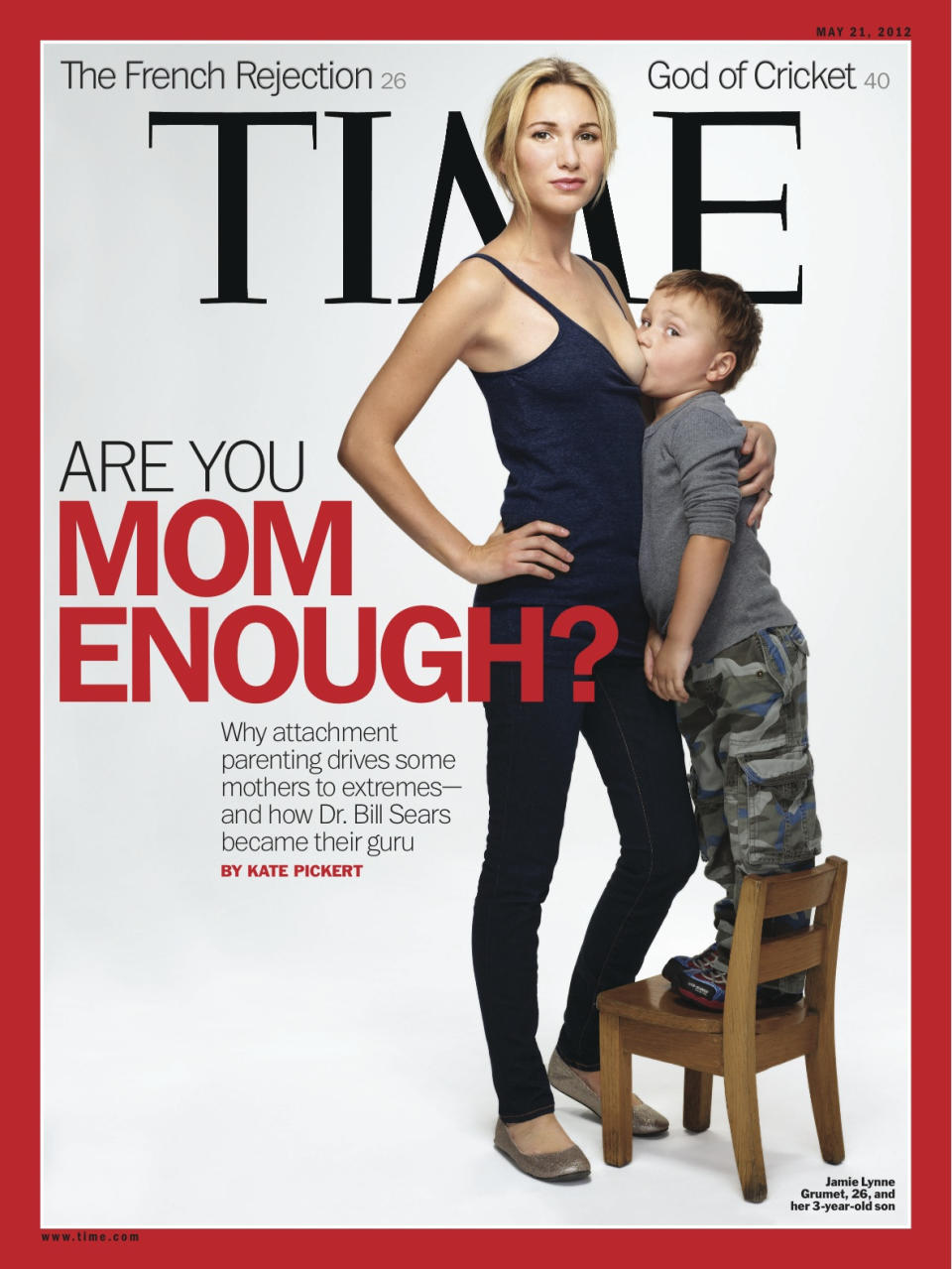 FILE - This file photo of an image provided by Time magazine shows the cover of the May 21, 2012 issue with a photograph of Jamie Lynne Grumet, 26, breast-feeding her 3-year-old son for a story on "attachment parenting." The cover photo generated a wealth of online chatter, including many mothers angered by the accompanying question: “Are You Mom Enough”? (AP Photo/Time, File)