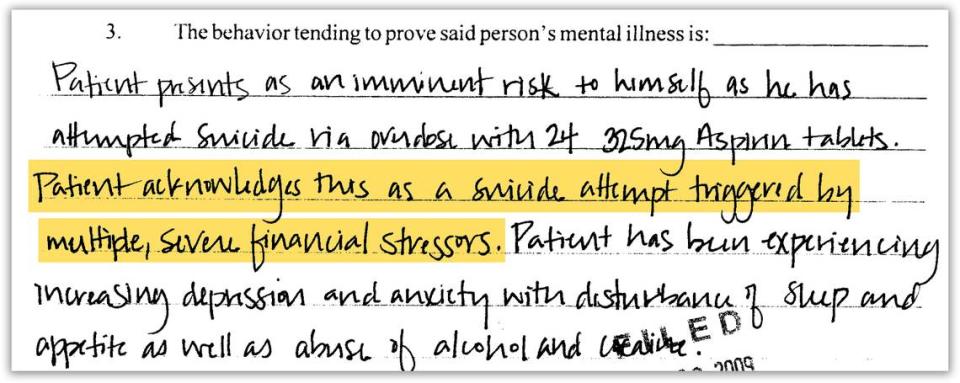 A contractor working for Baptist-DeSoto filed this affidavit in 2009 initiating commitment proceedings against a patient, who was then taken to jail to await treatment. Mississippi Today and ProPublica reviewed about 200 court files from around that time in which someone working on behalf of the hospital filed paperwork to commit a patient; in most of those cases, the patient was taken to jail.