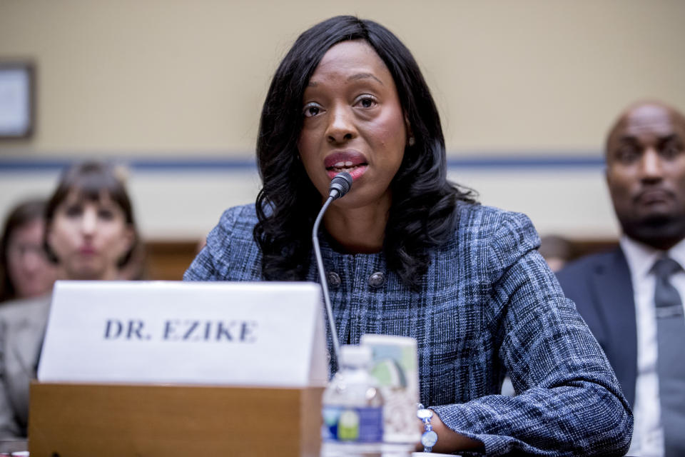 Illinois Department of Public Health Director Dr. Ngozi Ezike testifies before a House Oversight subcommittee hearing on lung disease and e-cigarettes on Capitol Hill in Washington, Tuesday, Sept. 24, 2019. (AP Photo/Andrew Harnik)
