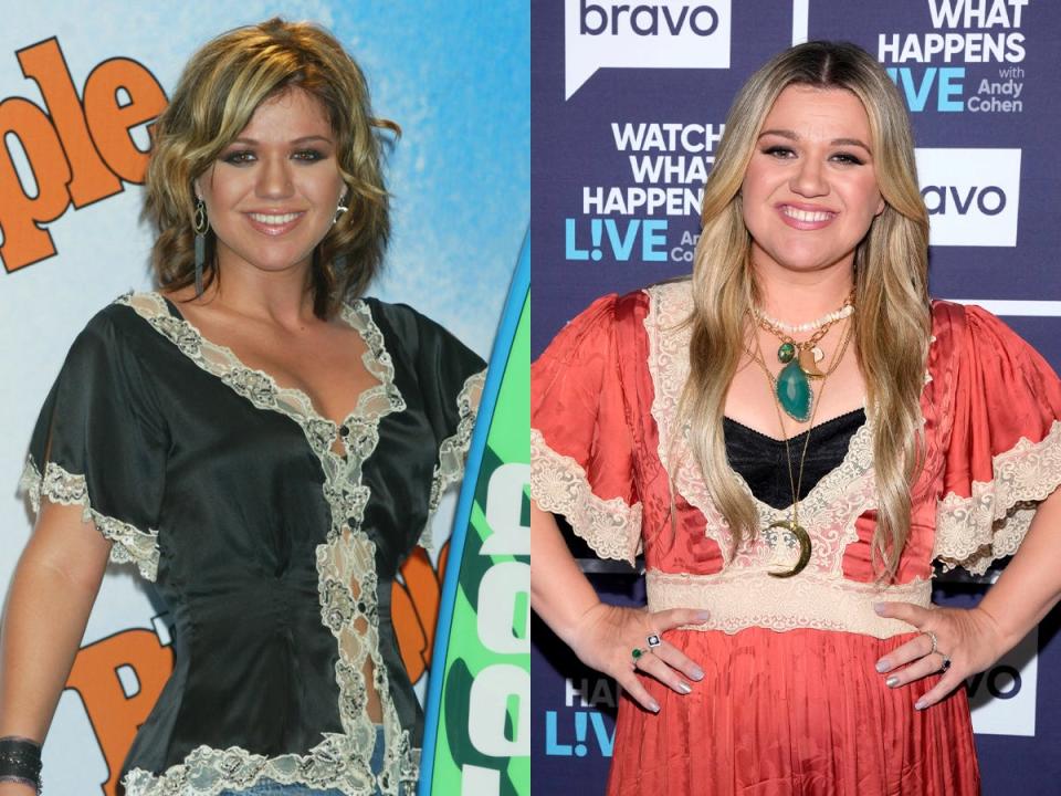 Kelly Clarkson on a red carpet in 2003 and on a red carpet in 2023