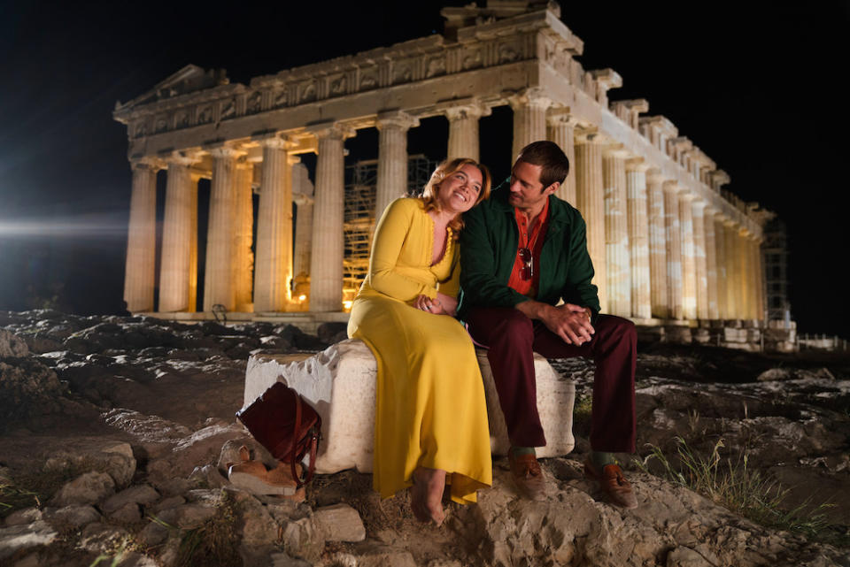 Florence Pugh and Alexander Skarsgard get cosy in Athens in <em>The Little Drummer Girl</em> (Picture: BBC)