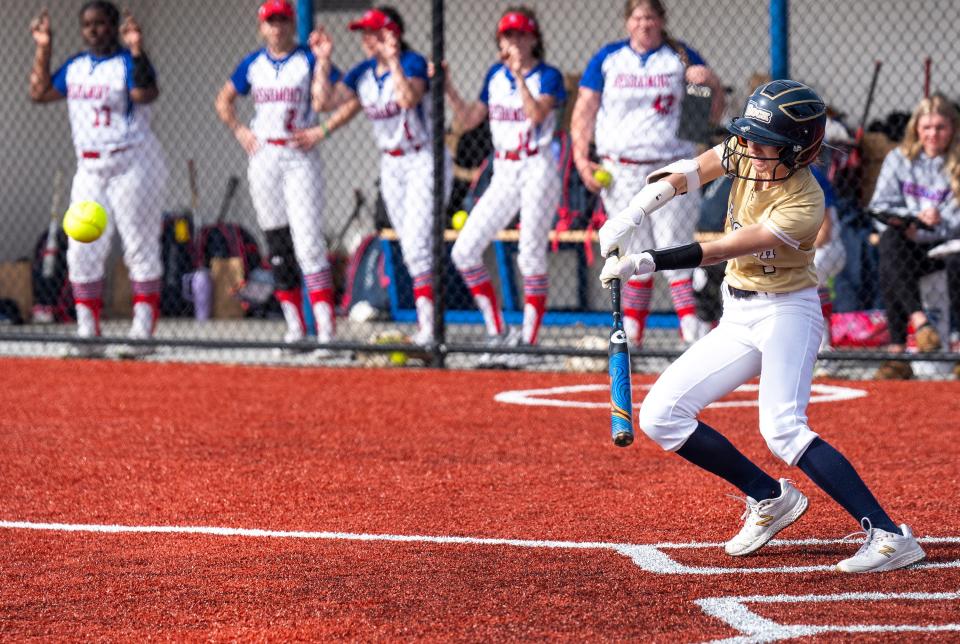 Council Rock South's Helen Woloshyn (7) hits a single against Neshaminy during their softball game in Langhorne on Tuesday, March 26, 2024.