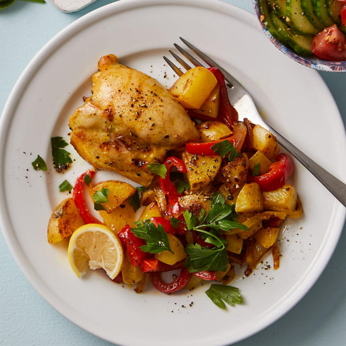 <p>Cook once; eat thrice: this chicken shawarma recipe makes a satisfying single-serving dinner, plus extra chicken, potatoes, and onions that you can use later in the week. <a href="https://www.eatingwell.com/recipe/279119/chicken-shawarma-with-potatoes/" rel="nofollow noopener" target="_blank" data-ylk="slk:View Recipe" class="link ">View Recipe</a></p>
