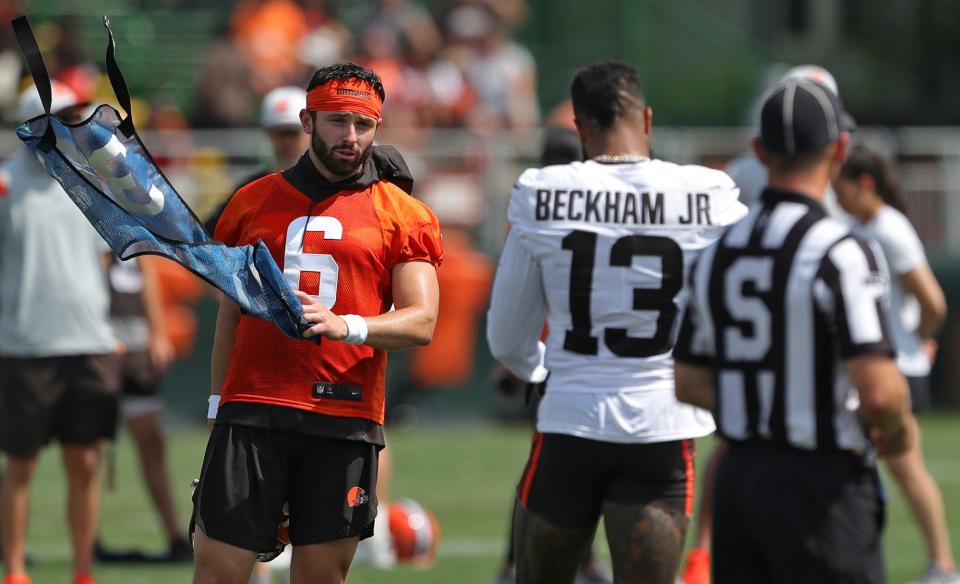 Browns quarterback Baker Mayfield and receiver Odell Beckham Jr. talk during happier times.