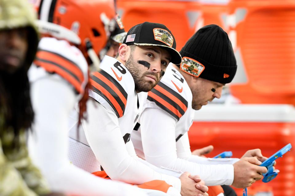 Nov 14, 2021; Foxborough, Massachusetts, USA; Cleveland Browns quarterback Baker Mayfield (6) sits on the bench during the second half of a game against the New England Patriots at Gillette Stadium. Mandatory Credit: Brian Fluharty-USA TODAY Sports