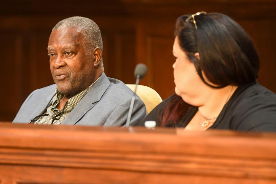 Councilman Richard Donnell asks questions to a public commenter opposing the location of a proposed menÕs shelter during a special-called City Council meeting inside Jackson City Hall, Jackson, TN, on Friday, July 12, 2024.