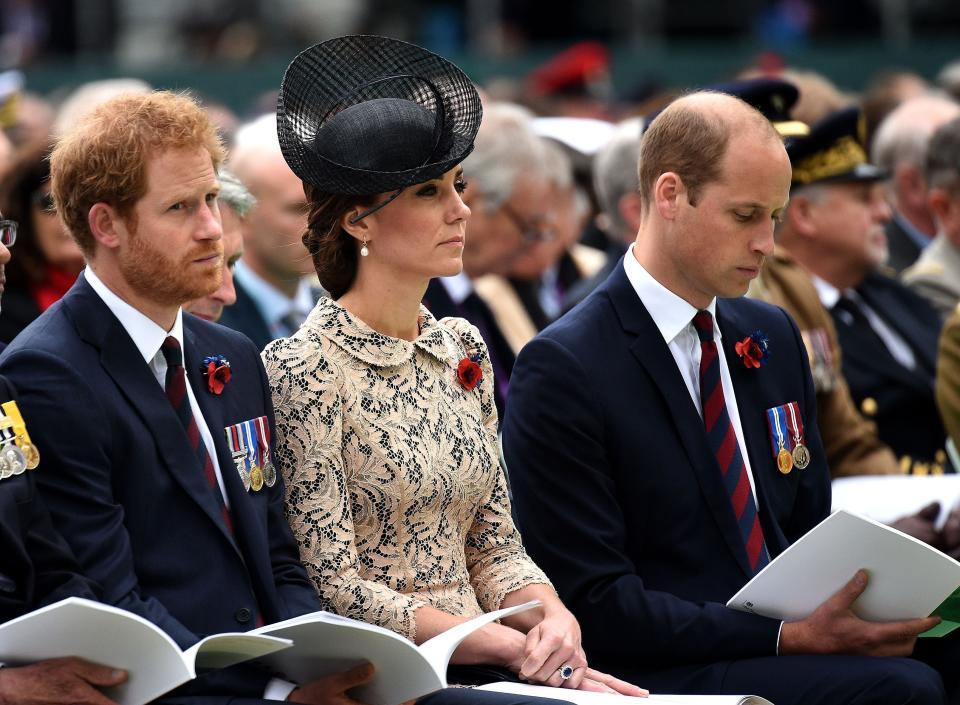 Prince Harry sits with his brother and sister-in-law during a commemoration of the Battle of the Somme in July 2016. (Photo: Pool via Getty Images)