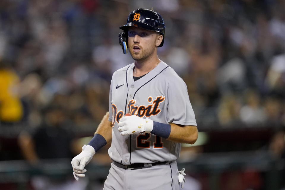 Detroit Tigers' Kody Clemens rounds the bases after hitting a three-run home run against he Arizona Diamondbacks during the sixth inning of a baseball game, Saturday, June 25, 2022, in Phoenix. (AP Photo/Matt York)