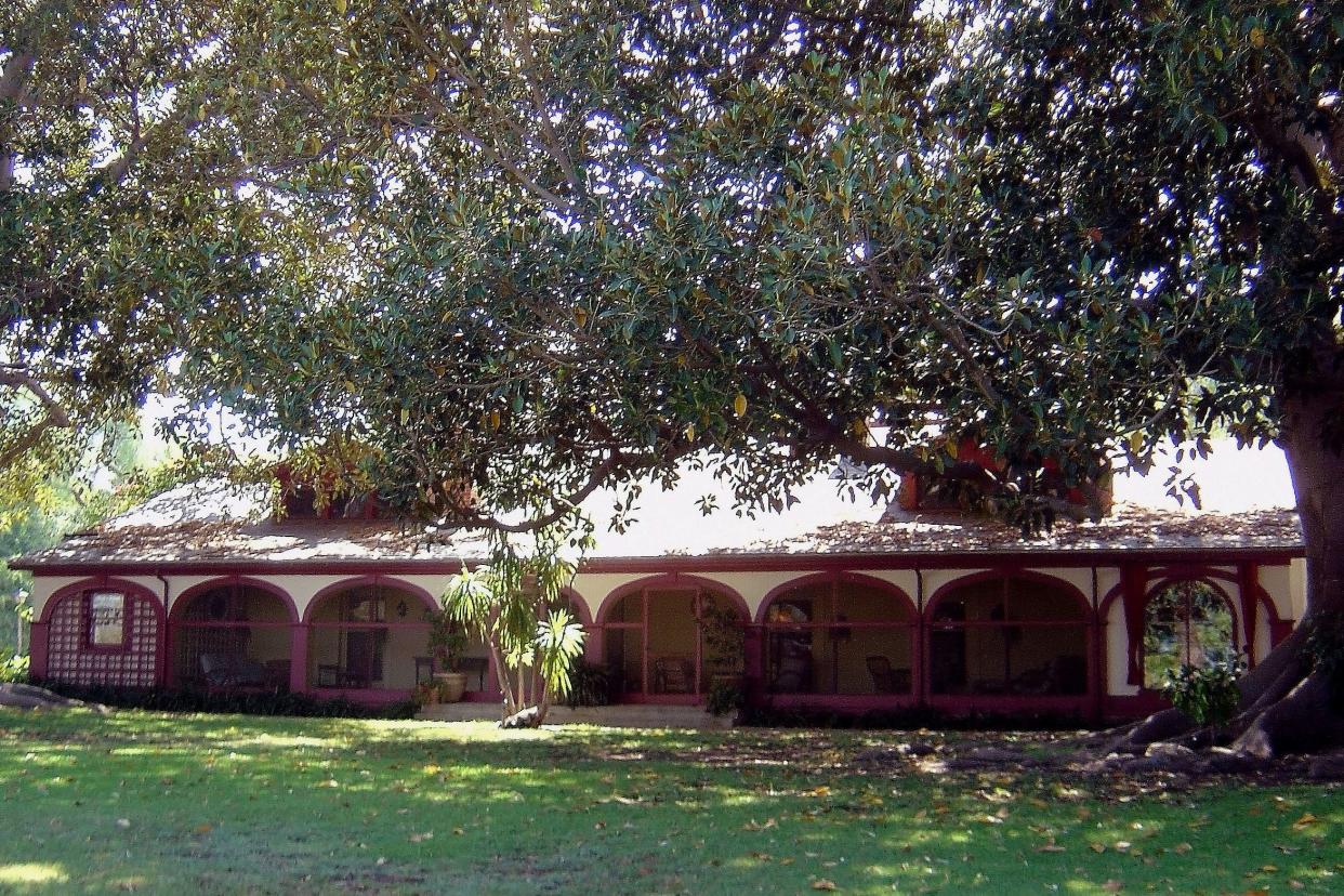 The exterior of the adobe house at Rancho Los Alamitos historic house museum, gardens, and park, in Long Beach, Los Angeles County, California.