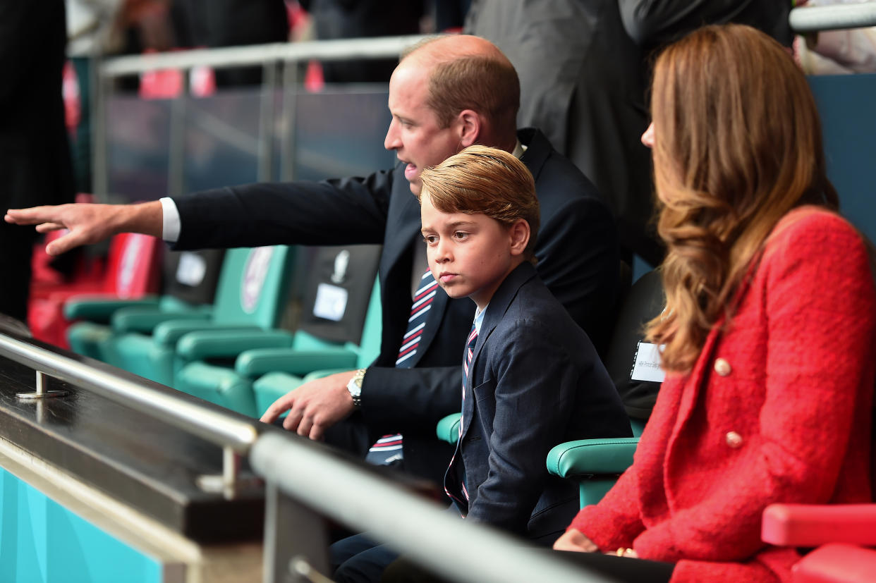 LONDON, ENGLAND - JUNE 29: Prince William, President of the Football Association along with Catherine, Duchess of Cambridge with Prince George during the UEFA Euro 2020 Championship Round of 16 match between England and Germany at Wembley Stadium on June 29, 2021 in London, England. (Photo by Eamonn McCormack - UEFA/UEFA via Getty Images)