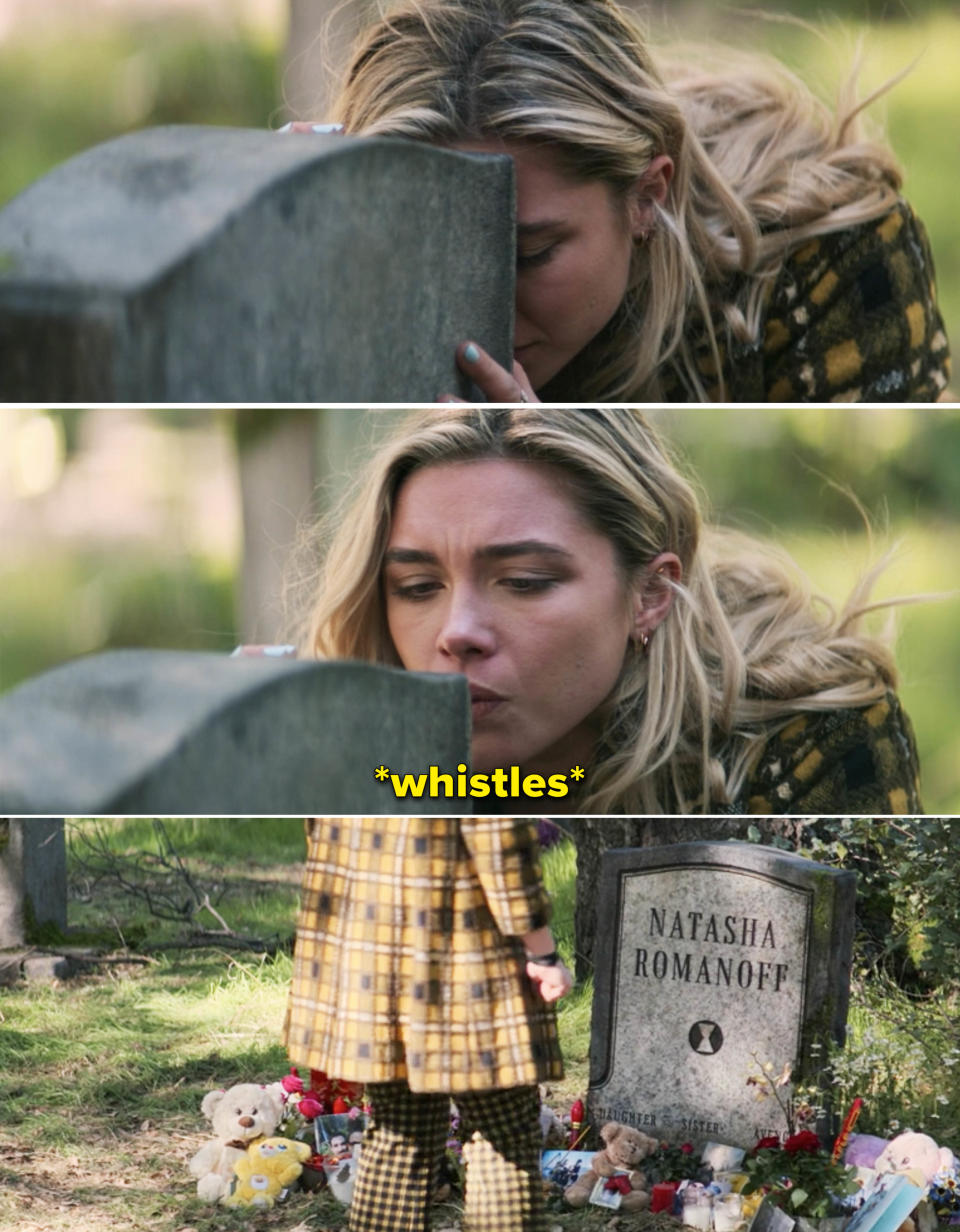 Yelena whistling at Natasha's grave