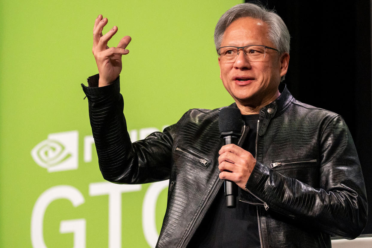  Jensen Huang, co-founder and chief executive officer of Nvidia Corp., during the Nvidia GPU Technology Conference (GTC) in San Jose, California, US, on Tuesday, March 19, 2024. Dubbed the Woodstock festival of AI by Bank of America analysts, GTC this year is set to draw 300,000 in-person and virtual attendees for the debut of Nvidia Corp.'s B100. Photographer: David Paul Morris/Bloomberg via Getty Images. 