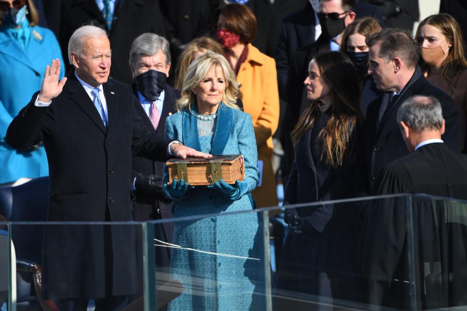 President Joe Biden is sworn in during the 2021 Presidential Inauguration at the U.S. Capitol.  Biden was elected president on Nov. 7, 2020, defeating Donald Trump by a margin of 7.1 million votes and 74 electoral votes.