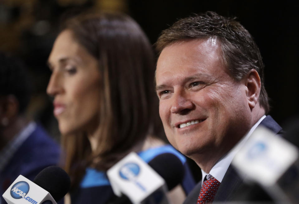 Bill Self answers questions at the Basketball Hall of Fame news conference, Saturday, April 1, 2017, in Glendale, Ariz. (AP Photo/David J. Phillip)