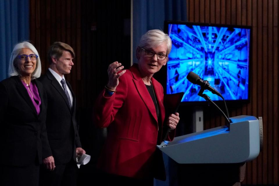 Secretary of energy Jennifer Granholm, centre, joined by Arati Prabhakar, the president’s science adviser (AP)