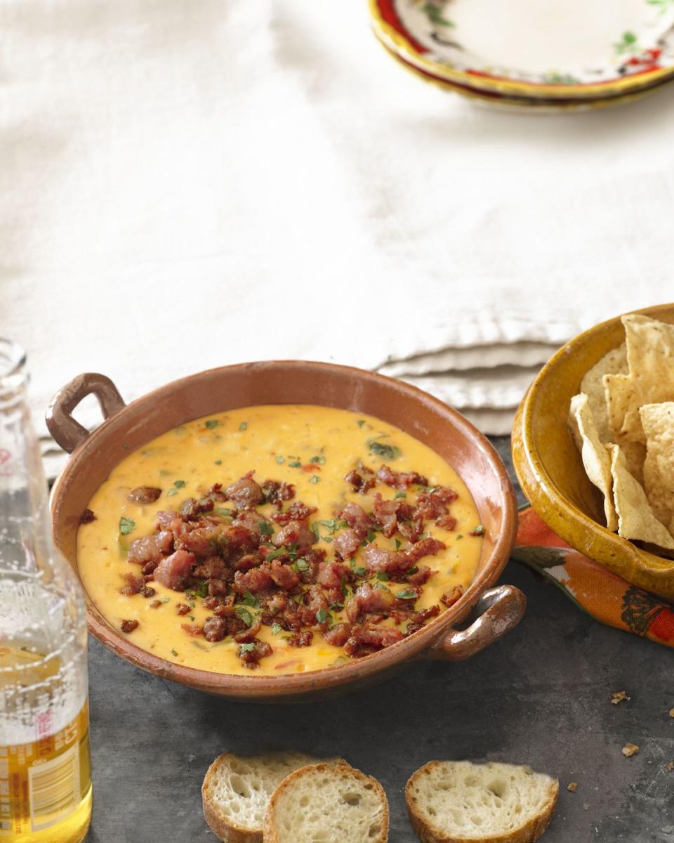 queso fundido with roasted poblano peppers and chorizo