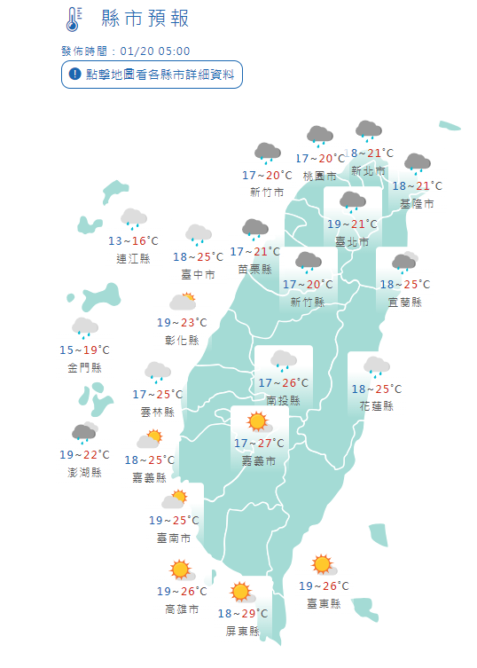 1/20縣市氣溫預報。中央氣象署