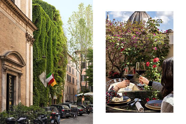 <p>Camilla Glorioso</p> From left: The Bio Hotel Raphaël, in the Navona district; a toast on the Bio Hotel Raphaël terrace.