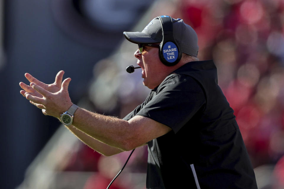 Kentucky head coach Mark Stoops reacts after a play against Georgia during the first half of an NCAA college football game Saturday, Oct. 16, 2021 in Athens, Ga. (AP Photo/Butch Dill)